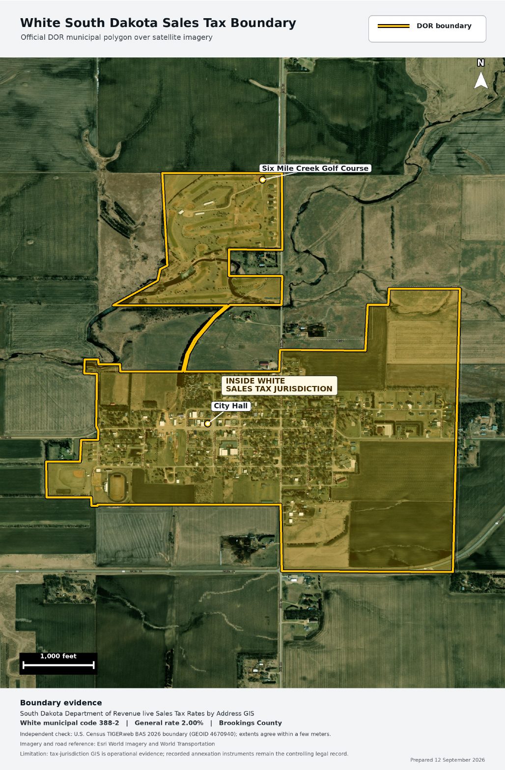 Satellite map outlining the Department of Revenue’s sales tax boundary for White, South Dakota, including the town, the area east of town and Six Mile Creek Golf Course to the north